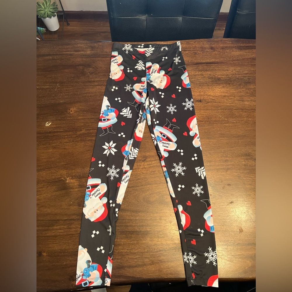 Juniors' Santa & Blue Train Christmas Leggings size XS